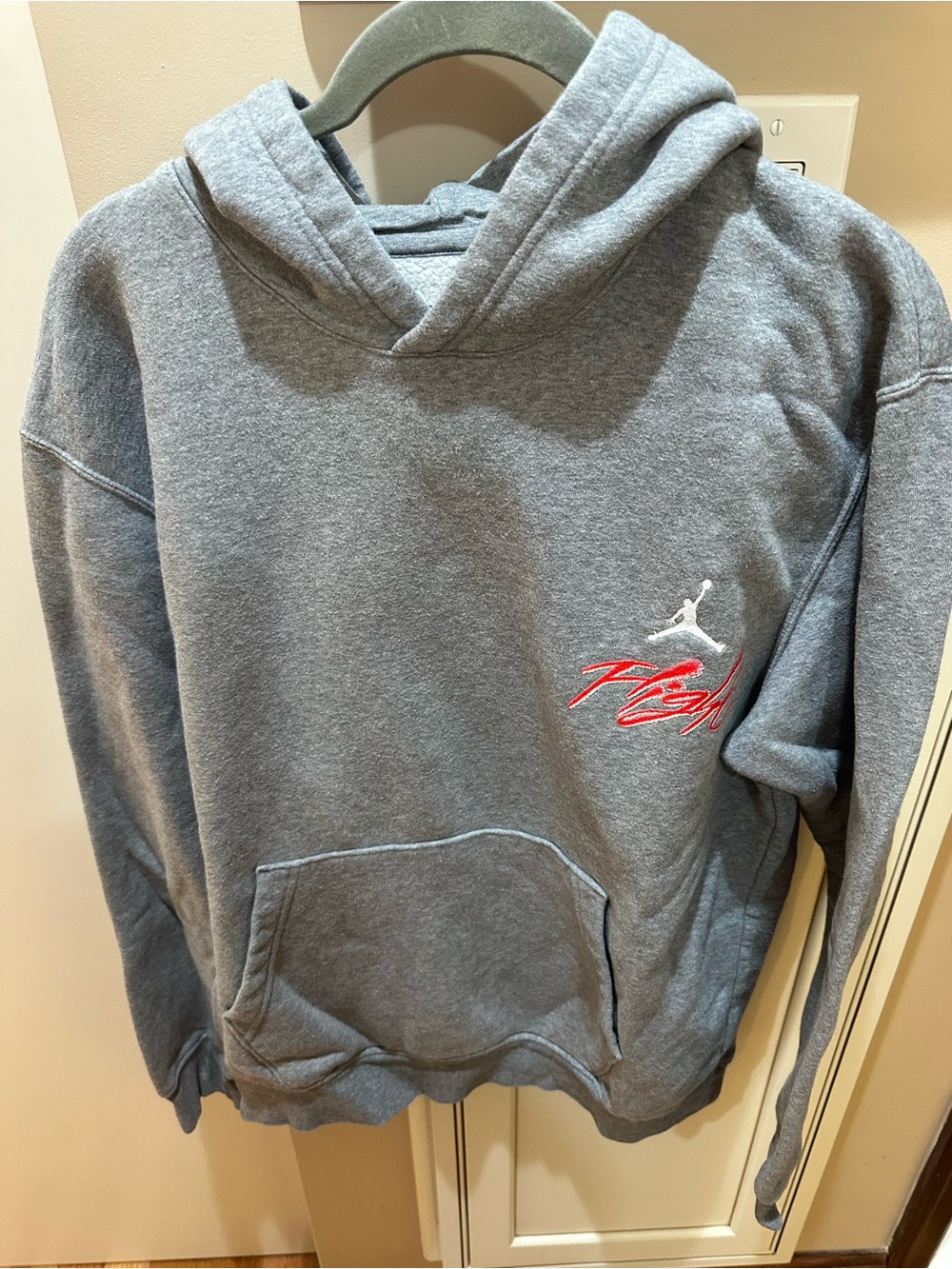 Jordan Men’s Gray Pullover Hoodie with Red Script Size S